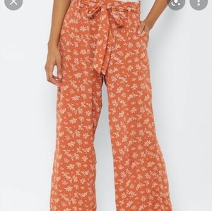 High-waisted Floral Paper Bag Wide Leg Pants, Size Medium Short